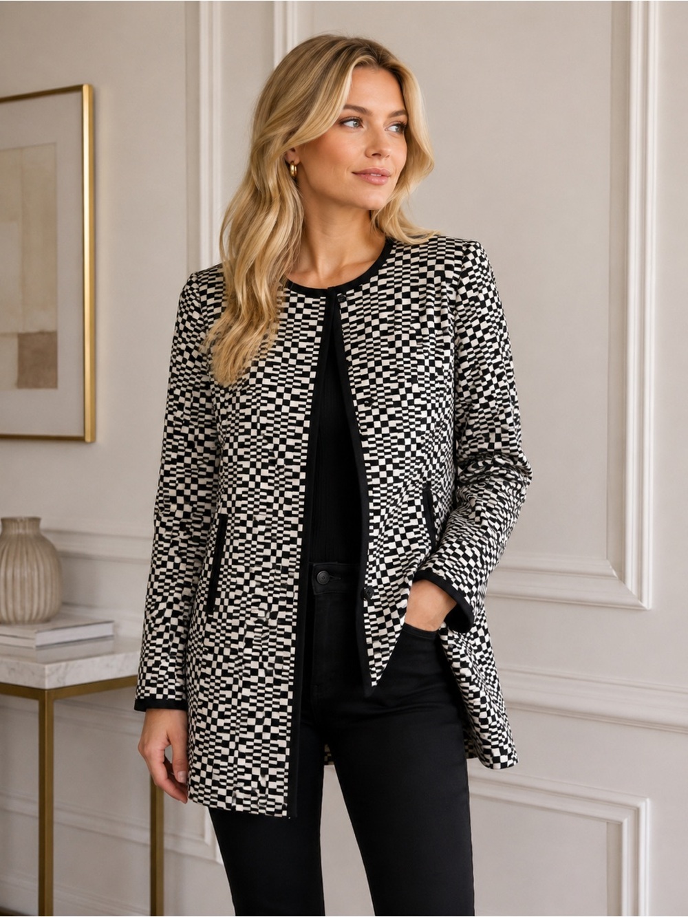 Trina Turk Black and White Geometric Check Coat